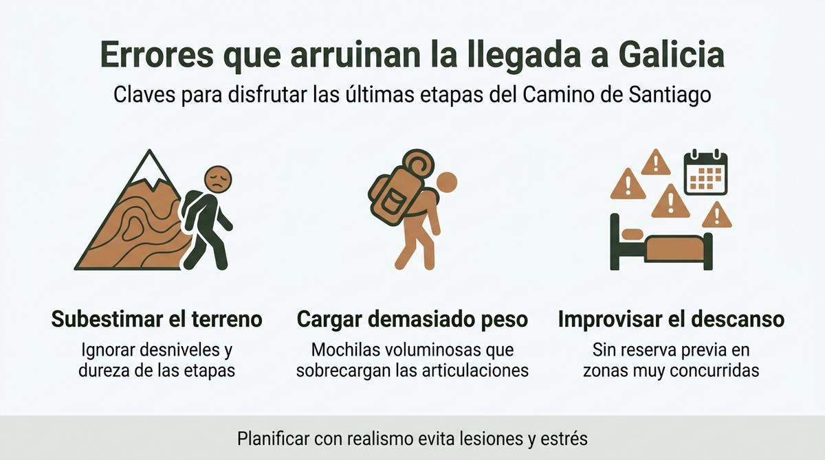 Infografía que resume errores habituales al planificar las últimas etapas del Camino de Santiago en Galicia.
