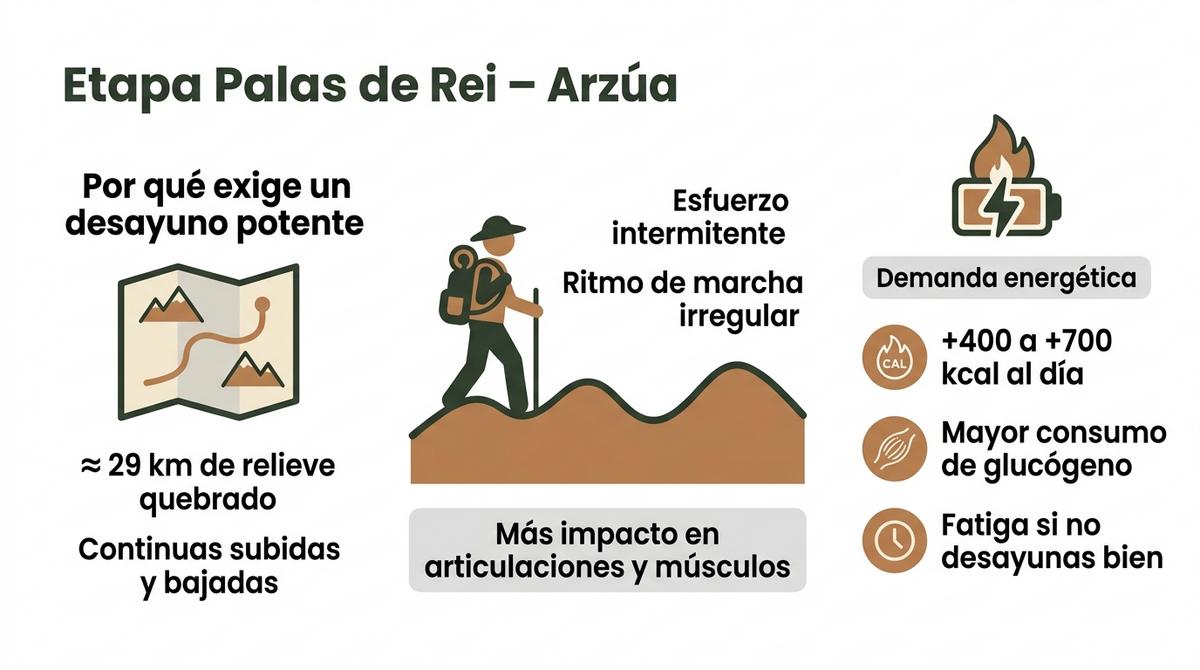 Infografía que resume la dureza de la etapa de Palas de Rei a Arzúa y su alta demanda energética para el peregrino.