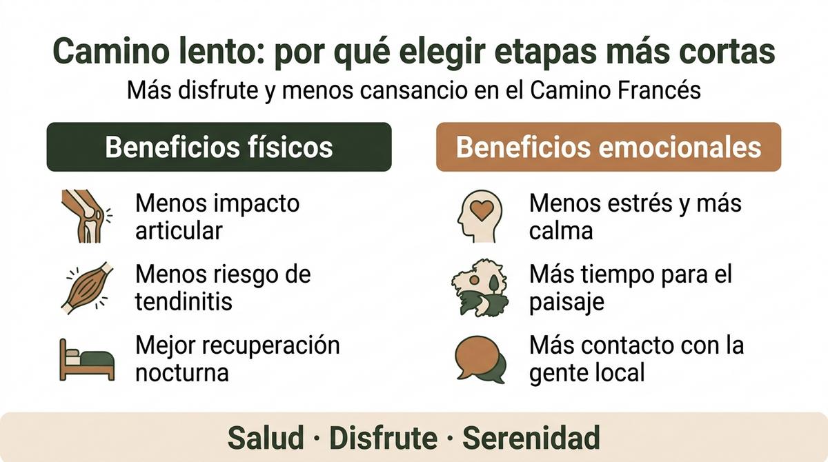 Infografía que resume los beneficios físicos y emocionales de hacer etapas más cortas en el Camino de Santiago.