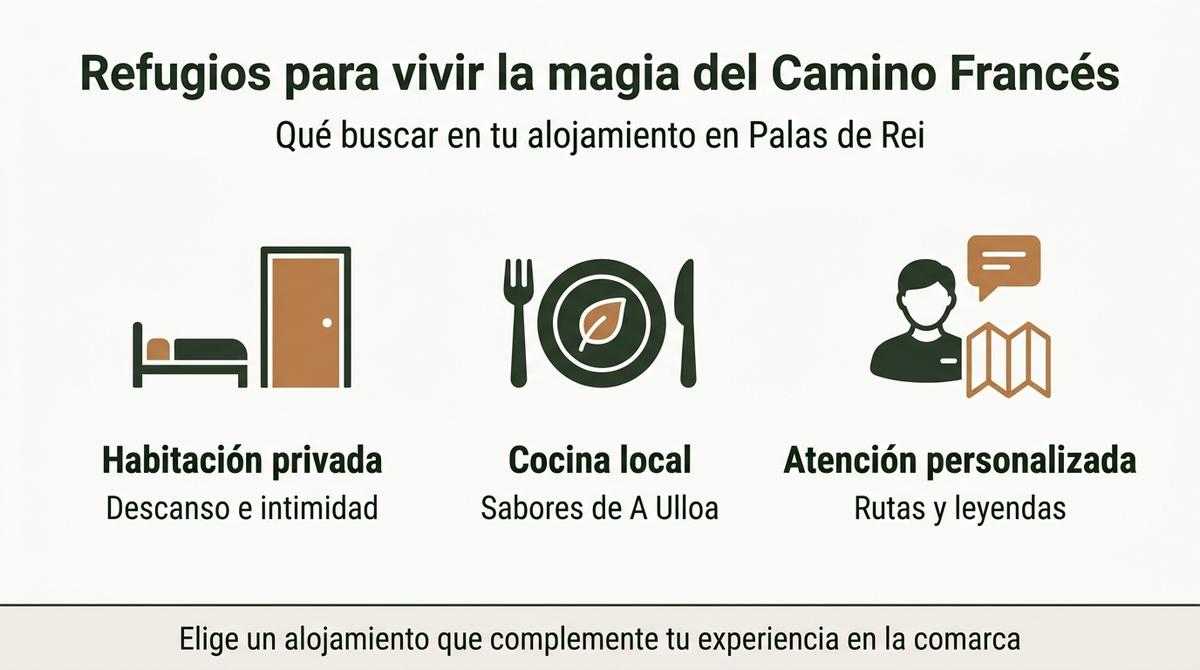 Infografía que resume los servicios clave de un alojamiento para peregrinos en Palas de Rei.