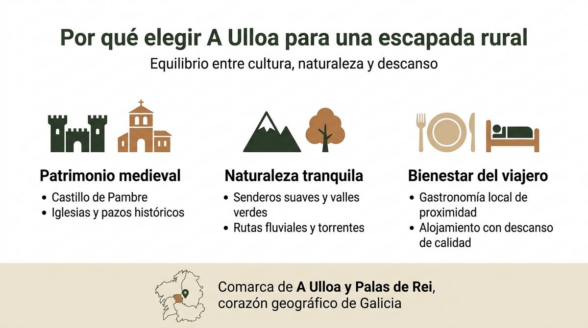 Infografía que resume patrimonio, naturaleza y bienestar en una escapada rural a la comarca de A Ulloa y Palas de Rei