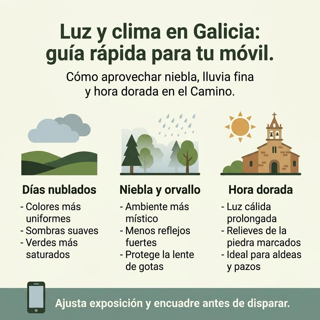 Infografía sobre cómo aprovechar días nublados, niebla y hora dorada para fotografiar paisajes en Galicia con el móvil.