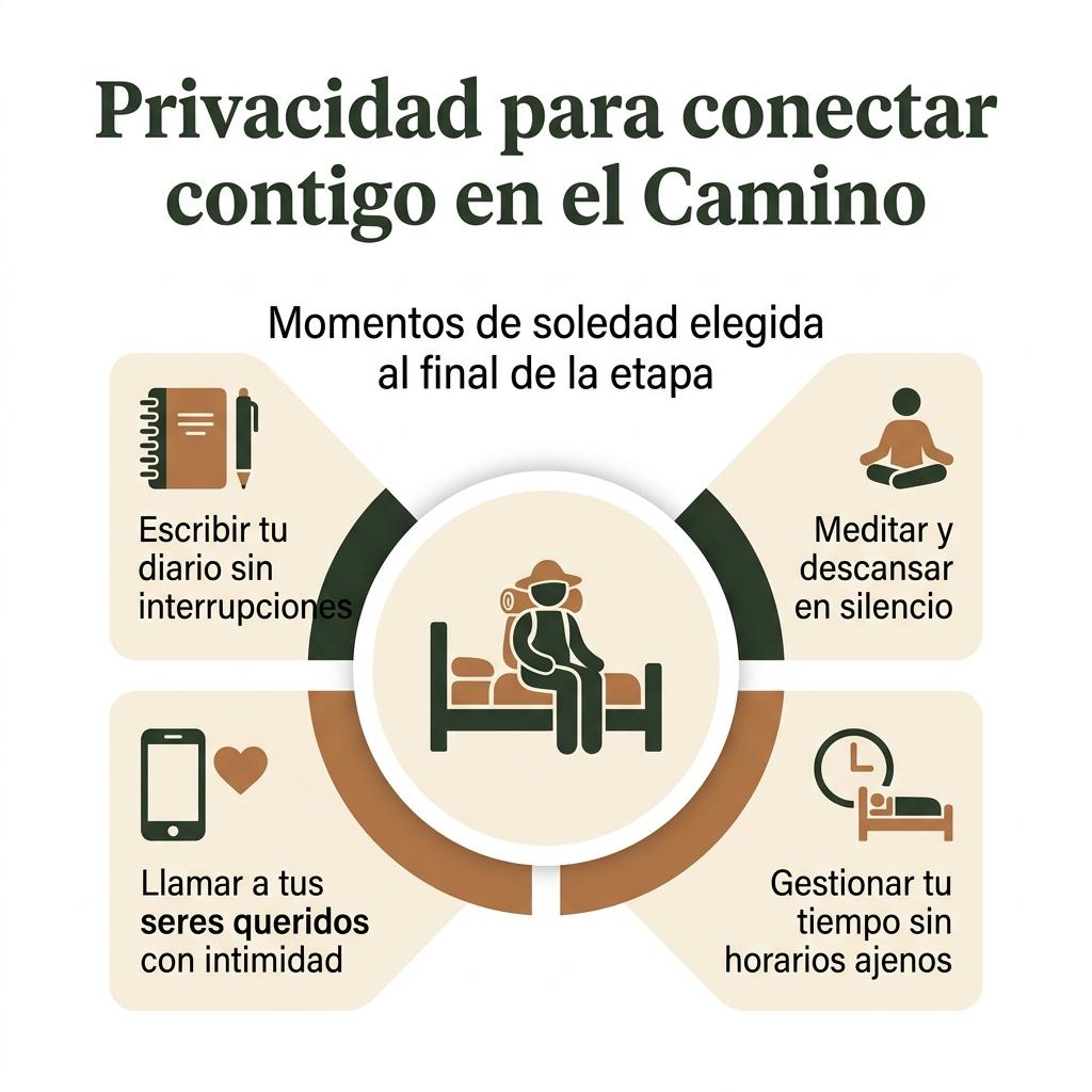 Infografía sobre cómo la privacidad ayuda a la introspección y al descanso de los peregrinos en una habitación individual