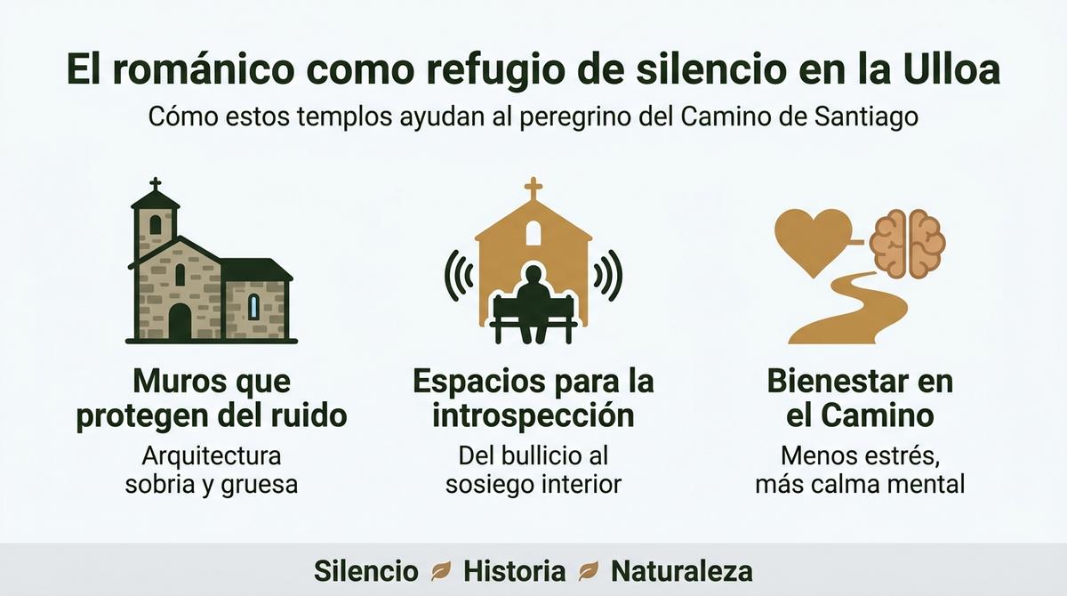 Infografía sobre cómo las iglesias románicas de la Ulloa actúan como refugio de silencio para el peregrino.