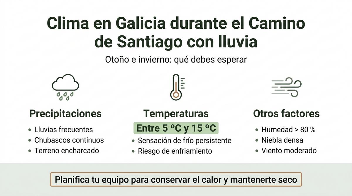 Infografía sobre el clima lluvioso y frío típico de Galicia en otoño e invierno para el Camino de Santiago.