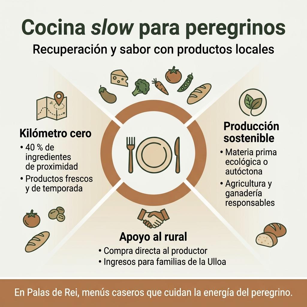 Infografía sobre la cocina slow para peregrinos basada en productos locales de kilómetro cero.