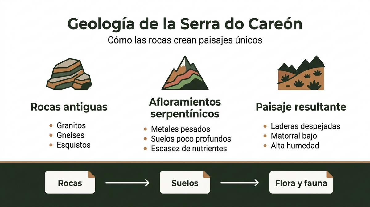 Infografía sobre la geología de la Serra do Careón y su relación con los paisajes de matorral