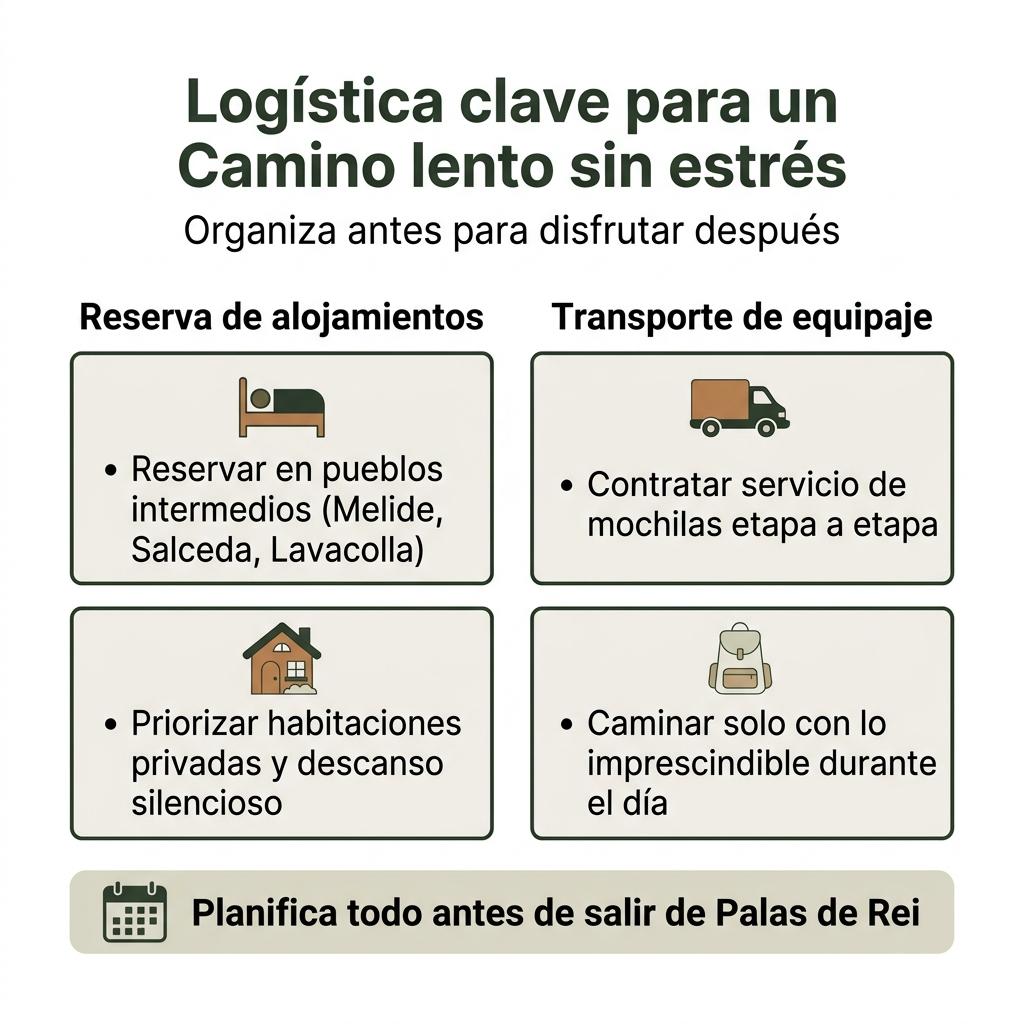 Infografía sobre la organización de alojamientos y transporte de equipaje para un Camino lento.