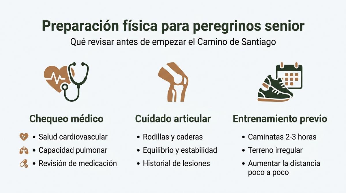 Infografía sobre la preparación física y médica recomendada para peregrinos senior antes de hacer el Camino de Santiago