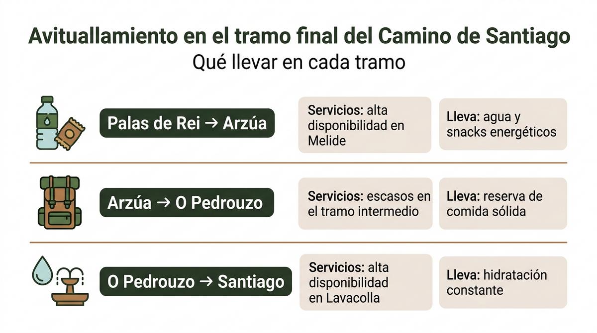 Infografía sobre las opciones de avituallamiento en las últimas etapas del Camino de Santiago.