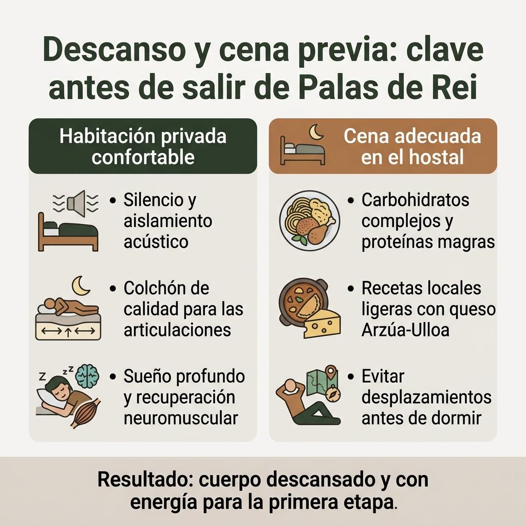 Infografía sobre los beneficios de un buen descanso y una cena adecuada antes de iniciar el Camino en Palas de Rei