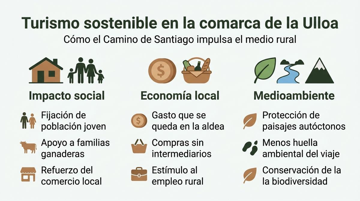Infografía sobre los beneficios sociales, económicos y ambientales del turismo sostenible en la comarca de la Ulloa.