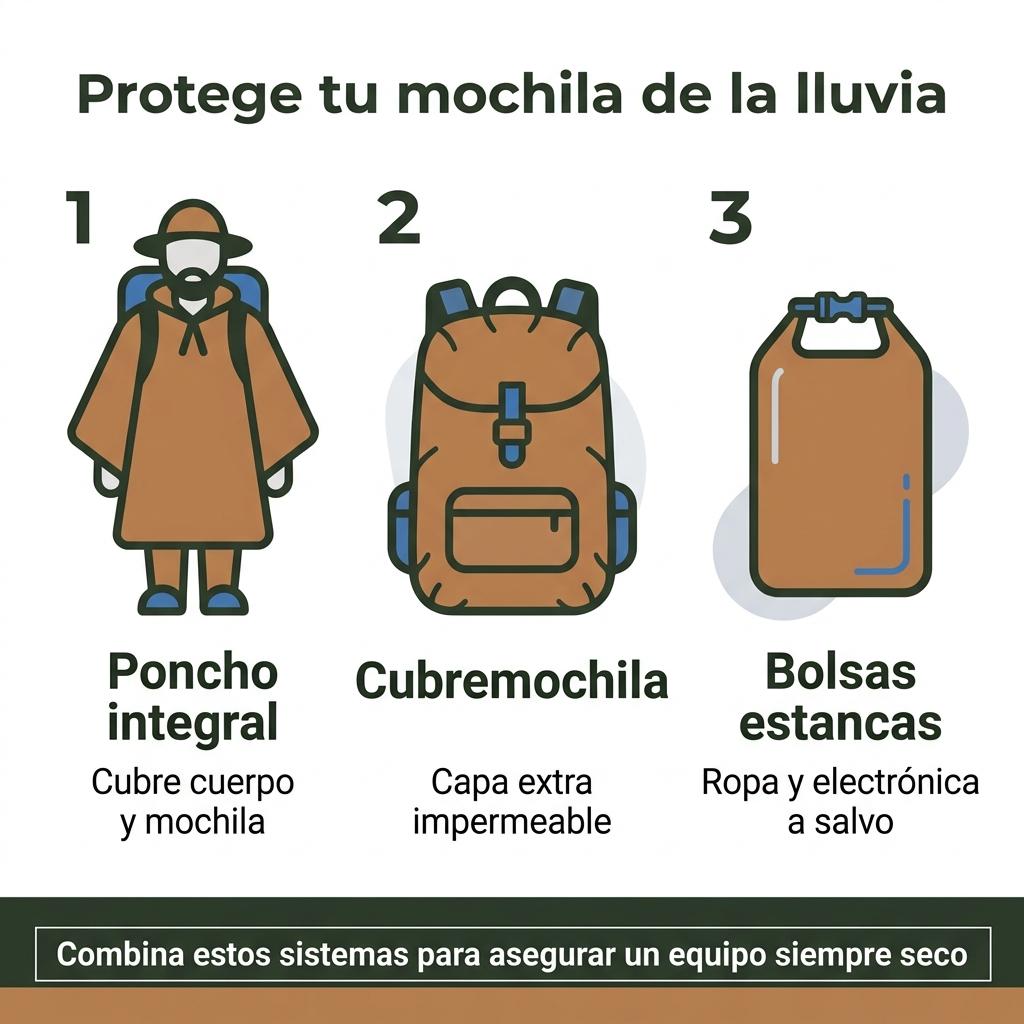 Infografía sobre ponchos, cubremochilas y bolsas estancas para proteger la mochila de la lluvia.