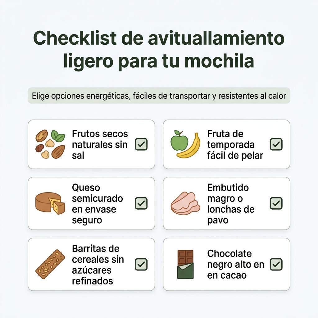 Infografía tipo checklist con iconos que enumeran alimentos ligeros recomendados para la mochila del peregrino.