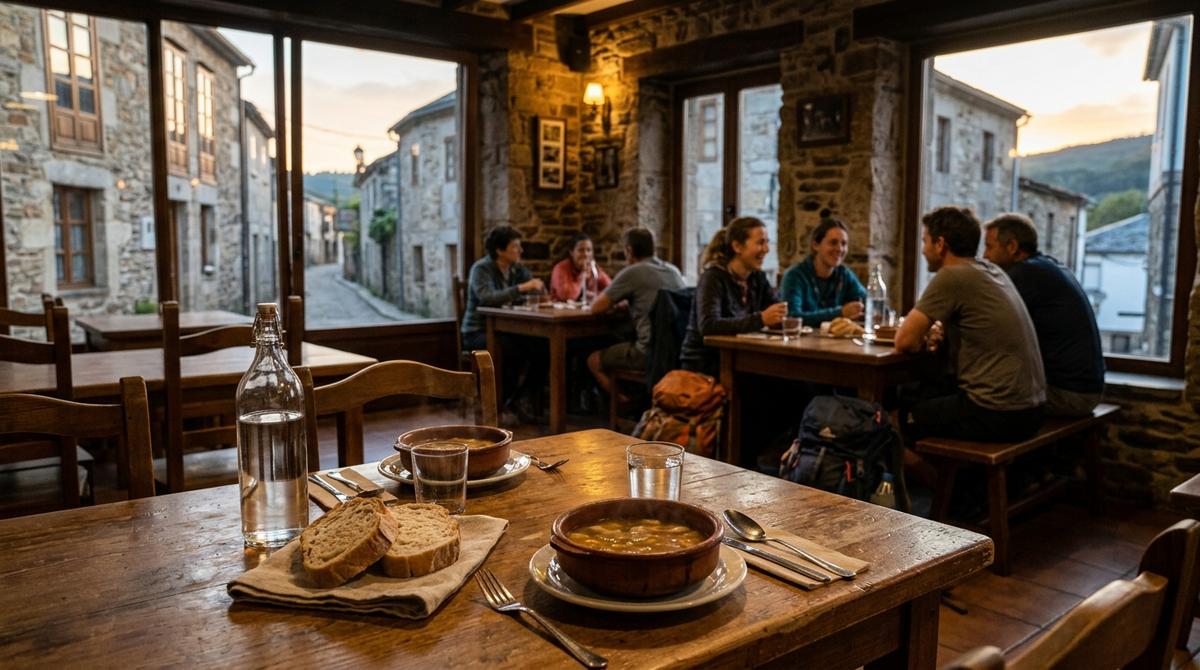 Mesa con comida tradicional en el restaurante de un hostal en Palas de Rei con peregrinos charlando al fondo
