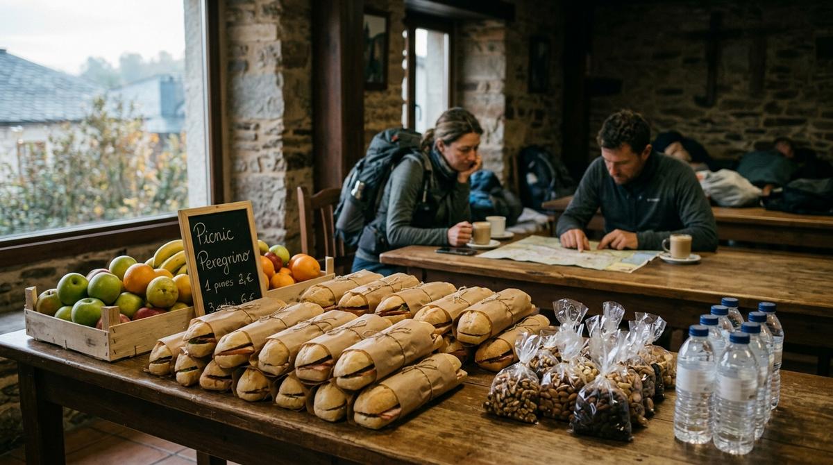 Mesa de desayuno en un hostal del Camino de Santiago con bocadillos, fruta, frutos secos y agua preparados como picnic para peregrinos.