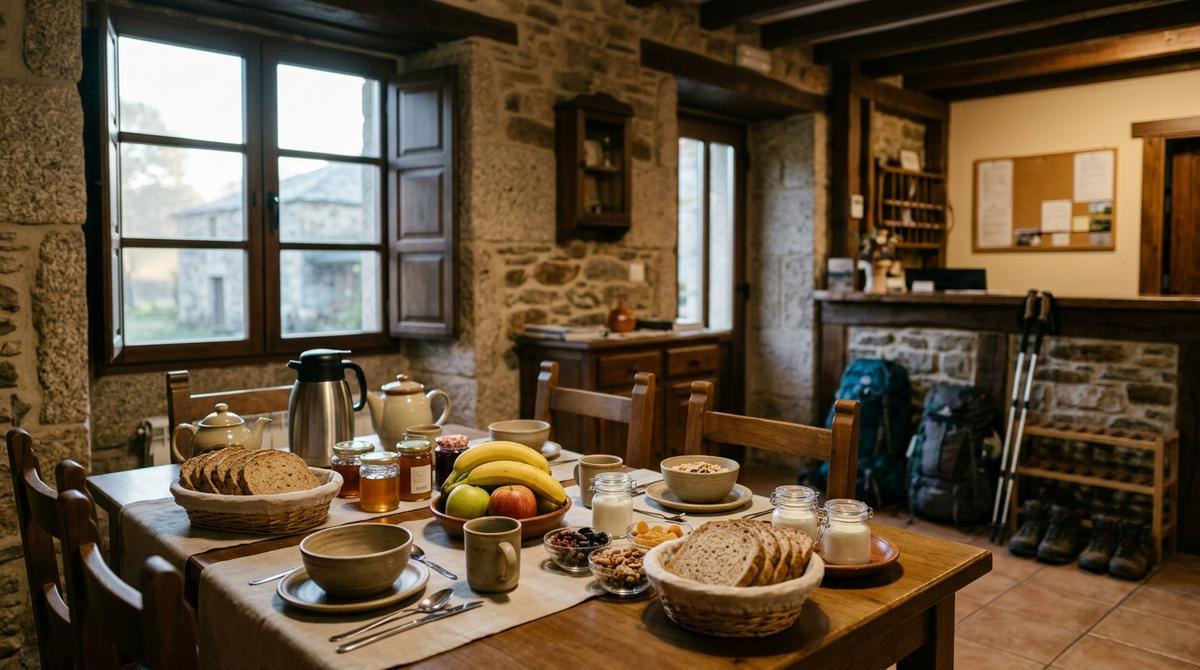 Mesa de desayuno preparada con alimentos saludables en el comedor de un hostal del Camino de Santiago en Palas de Rei.