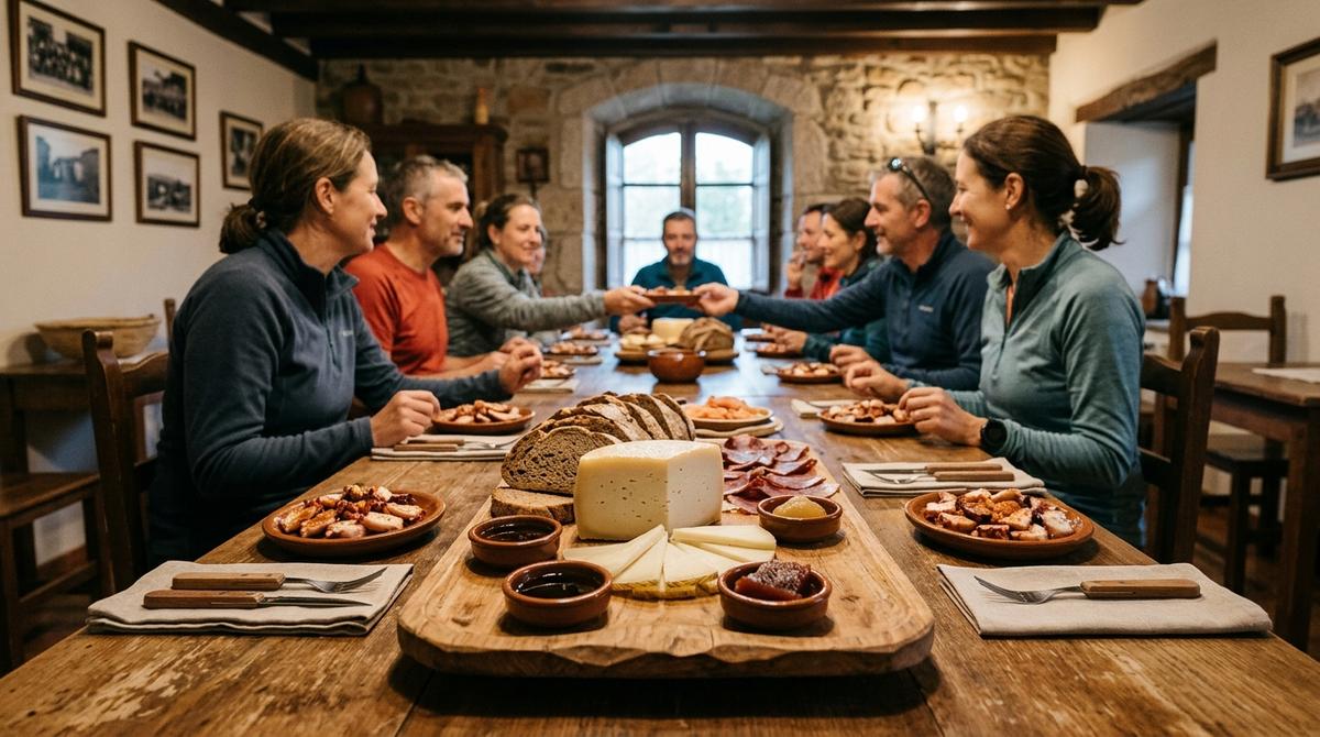 Mesa de un alojamiento rural en Palas de Rei con una tabla de queso Arzúa-Ulloa y platos típicos gallegos lista para peregrinos