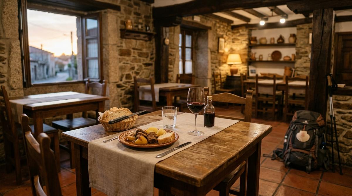 Mesa preparada con cena casera en el comedor de un hostal con restaurante en Palas de Rei para peregrinos del Camino de Santiago.
