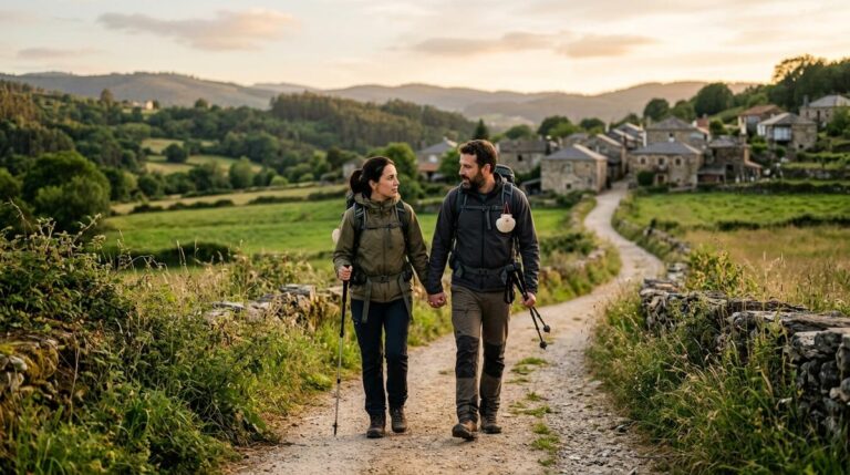 Pareja De Peregrinos Caminando Juntos Por Un Tramo Rural Del Camino De Santiago Al Atardecer Con Mochilas Y Bastones De Senderismo