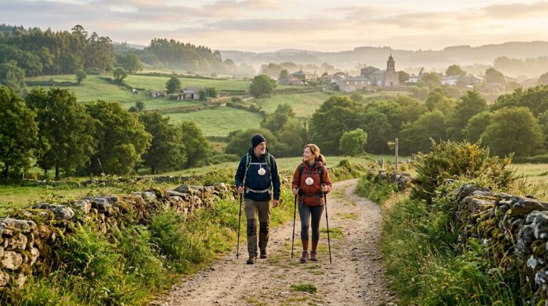 Pareja De Peregrinos De Mediana Edad Caminando Despacio Por Un Sendero Rural Cerca De Palas De Rei Al Amanecer