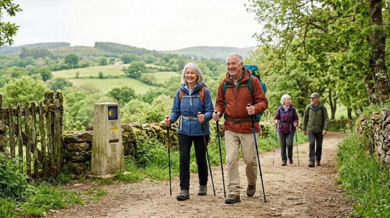 Pareja De Peregrinos Senior Caminando Con Bastones Por Un Sendero Verde Del Camino De Santiago En Un Dia Luminoso