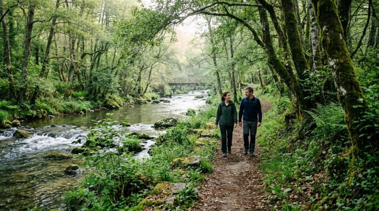 Pareja De Senderistas Caminando Junto Al Rio Entre Un Bosque De Ribera Frondoso En Galicia Al Amanecer