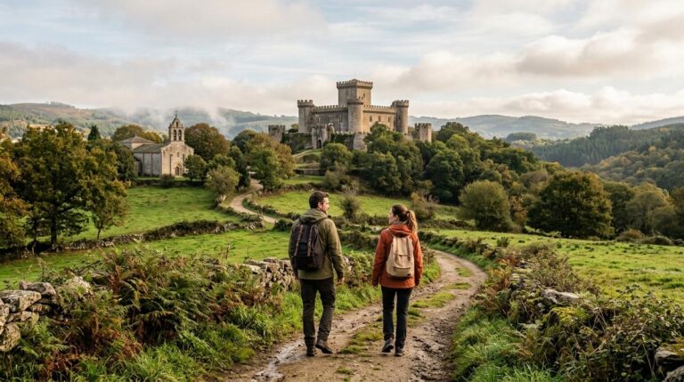 Pareja De Viajeros Caminando Por Un Sendero Rural Gallego Con Un Castillo Medieval Al Fondo En La Comarca De A Ulloa Cerca De Palas De Rei