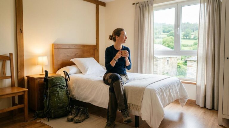 Peregrina Descansando En Una Habitacion Individual Luminosa De Un Hostal En Palas De Rei Tras Una Etapa Del Camino De Santiago