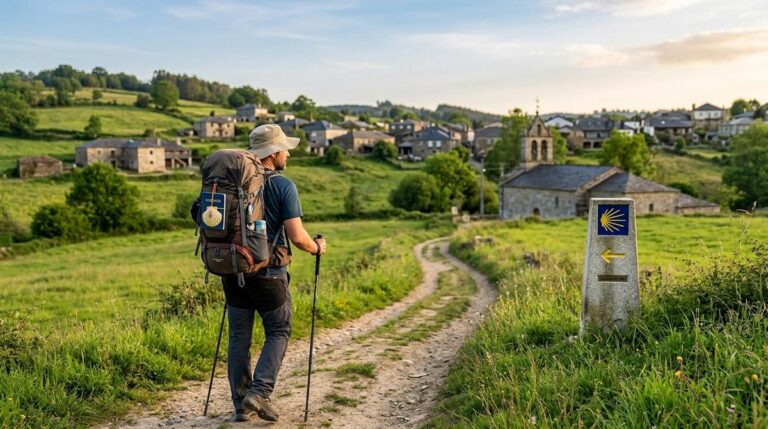Peregrino Caminando Al Atardecer Hacia Un Pueblo Gallego En El Camino De Santiago En Junio