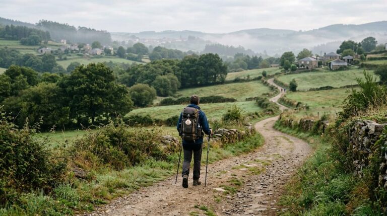 Peregrino Caminando En Solitario Por Un Sendero Tranquilo Y Verde Del Camino Frances En Galicia Al Amanecer