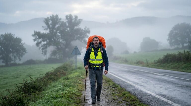Peregrino Caminando Entre Niebla Densa En Un Tramo Del Camino Frances Cerca De Palas De Rei Al Amanecer