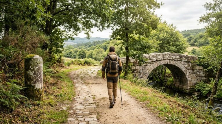Peregrino Caminando Por Un Antiguo Camino De Tierra Junto A Un Puente De Piedra En Un Paisaje Verde De Palas De Rei