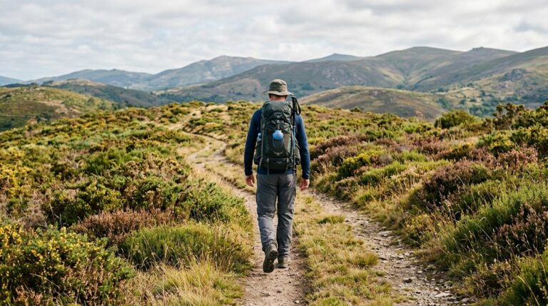 Peregrino Caminando Por Un Sendero De Montana Rodeado De Brezales Y Matorral En La Serra Do Careon