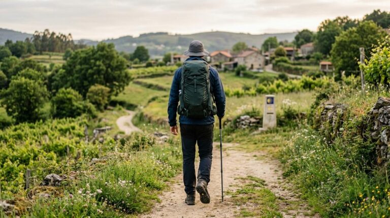 Peregrino Caminando Por Un Sendero Del Camino De Santiago Con La Mochila Bien Ajustada Y Postura Relajada De Hombros Y Cuello