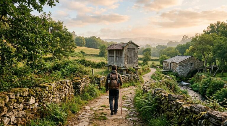 Peregrino Caminando Por Un Sendero Rural De Palas De Rei Junto A Un Horreo Gallego Y Un Molino De Agua Entre Vegetacion Verde