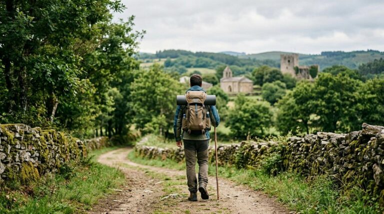 Peregrino Caminando Por Un Sendero Rural Entre Muros De Piedra Y Arboles Autoctonos Con Una Iglesia Romanica Y Un Castillo Al Fondo En La Comarca De La Ulloa