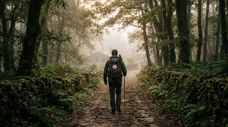Peregrino Caminando Solo Entre La Niebla Por Un Sendero Arbolado En La Comarca De A Ulloa Al Amanecer