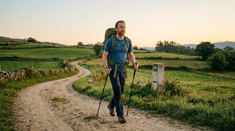 Peregrino Con Mochila Caminando Al Amanecer Por Un Sendero Rural Del Camino De Santiago