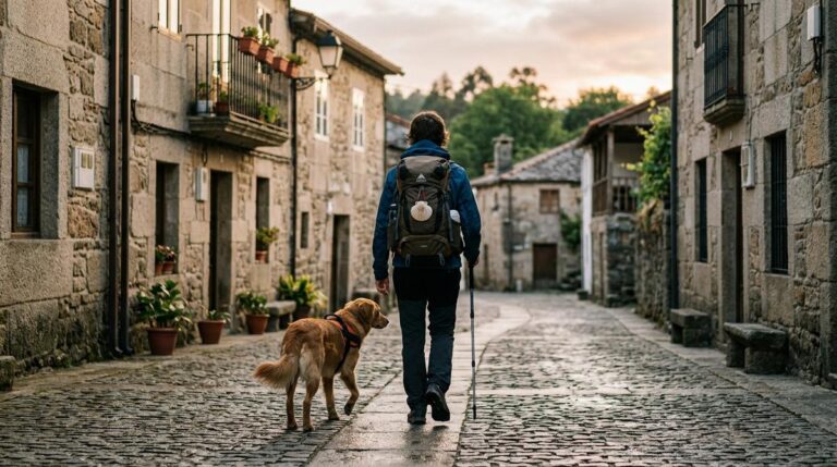 Peregrino Con Mochila Caminando Con Su Perro Por Una Calle Tranquila De Un Pueblo Gallego Al Atardecer