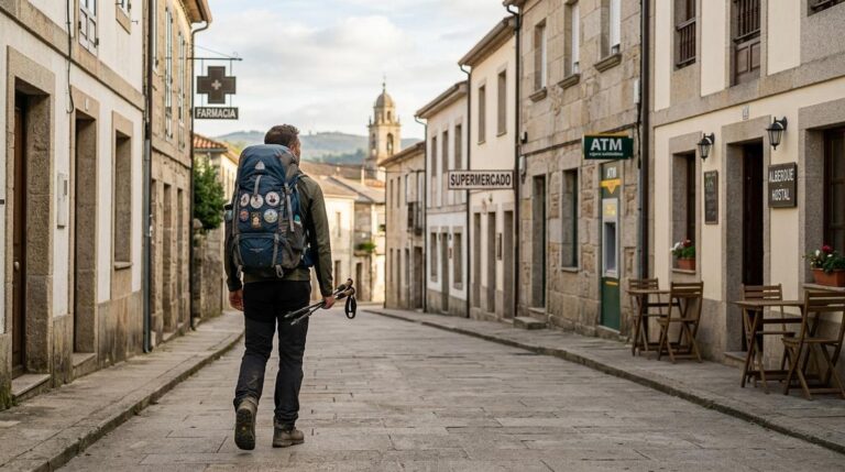 Peregrino Del Camino De Santiago Caminando Por Una Calle De Palas De Rei Con Supermercados Farmacia Cajero Y Hostal Visibles A Su Alrededor Al Final De La Tarde