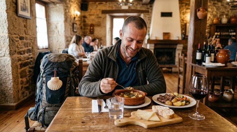 Peregrino Del Camino De Santiago Cenando Platos Tradicionales Gallegos En Un Restaurante Acogedor De Palas De Rei
