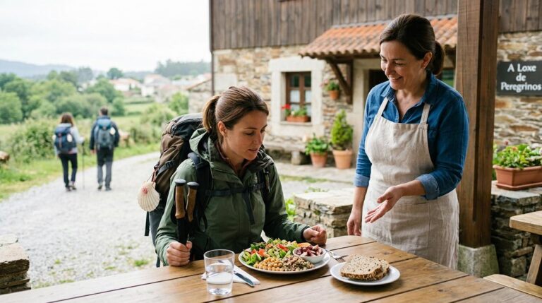Peregrino Del Camino De Santiago Comiendo Un Menu Adaptado En La Terraza De Un Hostal Con Restaurante En Palas De Rei Mientras La Camarera Le Explica Las Opciones