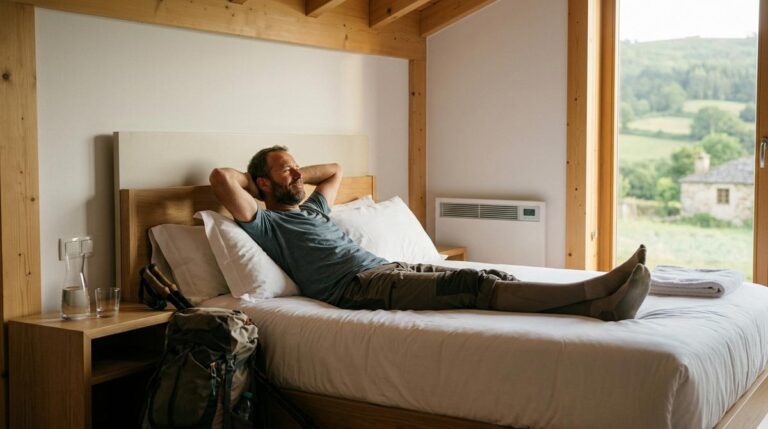 Peregrino Del Camino De Santiago Descansando Y Estirando Las Piernas En Una Habitacion Luminosa Con Vistas A Un Paisaje Verde