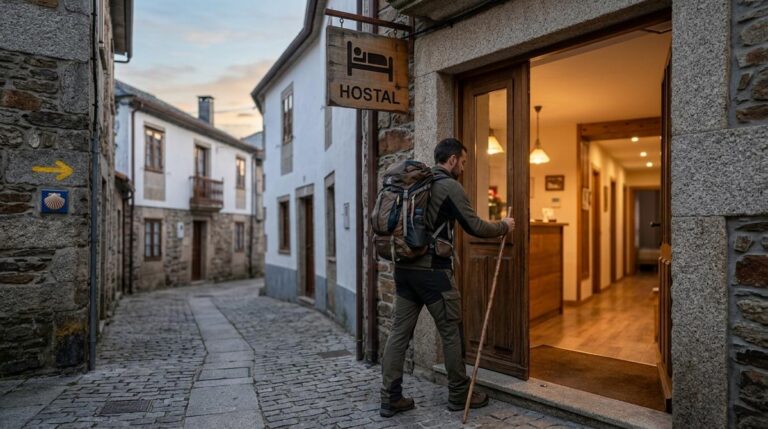 Peregrino Del Camino De Santiago Entrando En Un Pequeno Hostal Tranquilo Al Atardecer En Palas De Rei