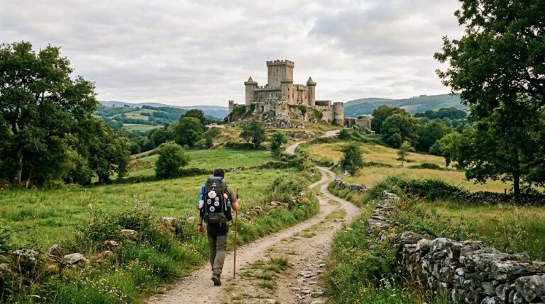 Peregrino Del Camino Frances Caminando Por Un Sendero Rural Hacia El Castillo De Pambre Sobre Una Colina Verde En La Comarca De La Ulloa