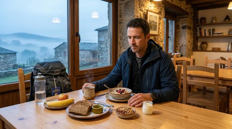 Peregrino Desayunando Alimentos Saludables En El Comedor De Un Hostal Rural Antes De Iniciar Una Etapa Del Camino De Santiago Al Amanecer
