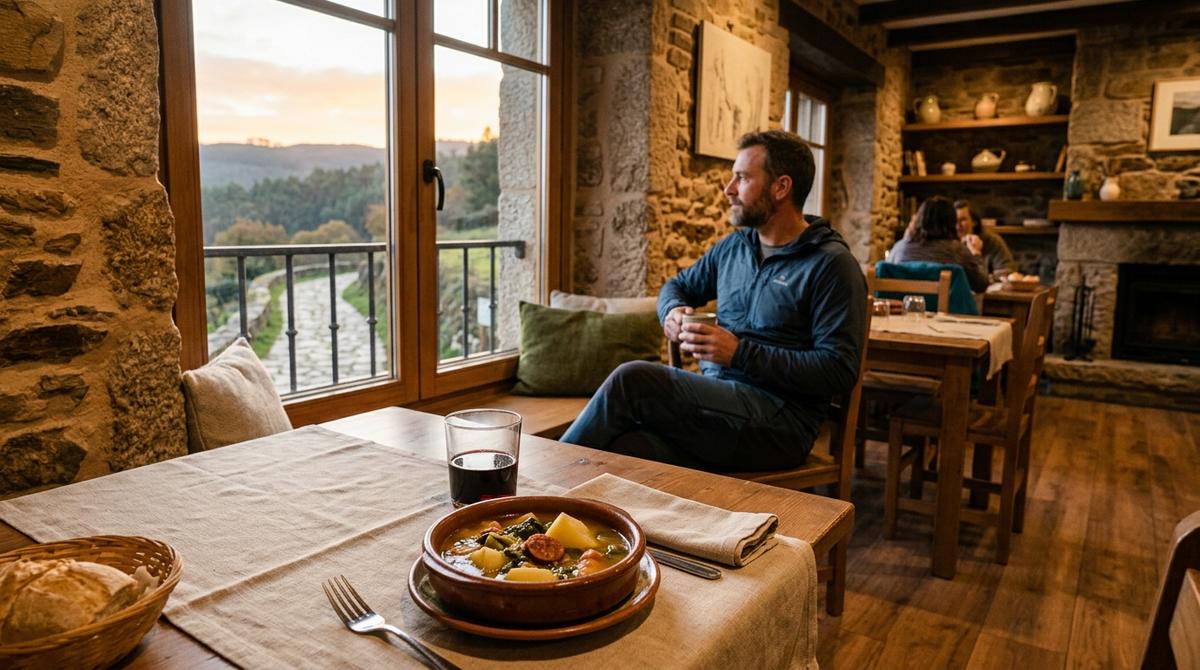 Peregrino descansando en un comedor acogedor de alojamiento rural después de una etapa del Camino de Santiago.