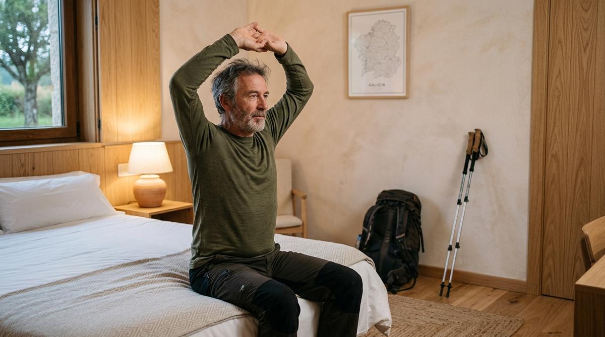 Peregrino descansando y estirando en la habitación de un hostal acogedor con sus bastones de senderismo apoyados junto a la mochila.