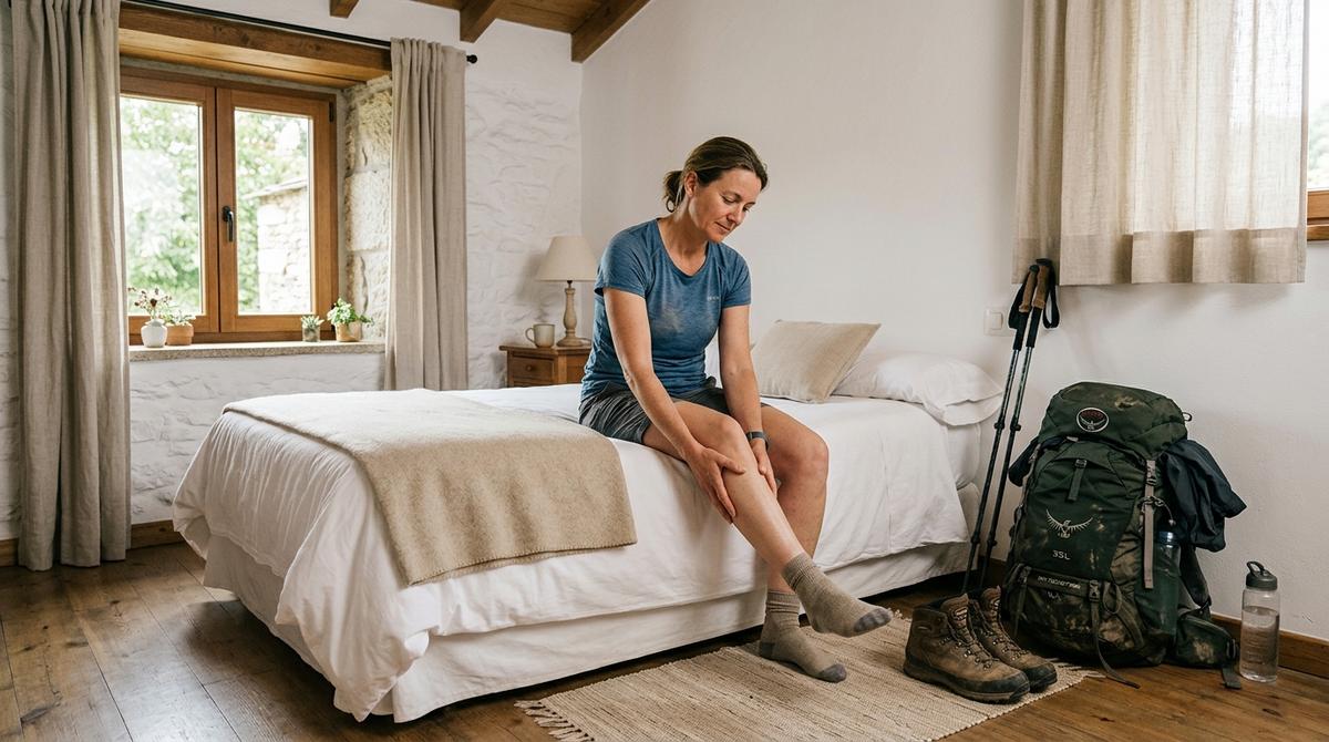 Peregrino descansando y estirando las piernas en una habitación privada tras una etapa del Camino de Santiago